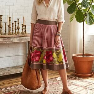 Anthropologie Odille Retro Fit & Flare Floral Skirt Pink Brown Size 4